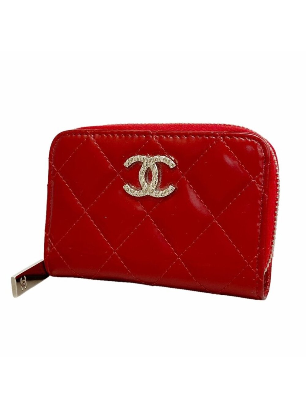 Chanel Coin Purse Quilted Brilliant Patent Leather Red Silver